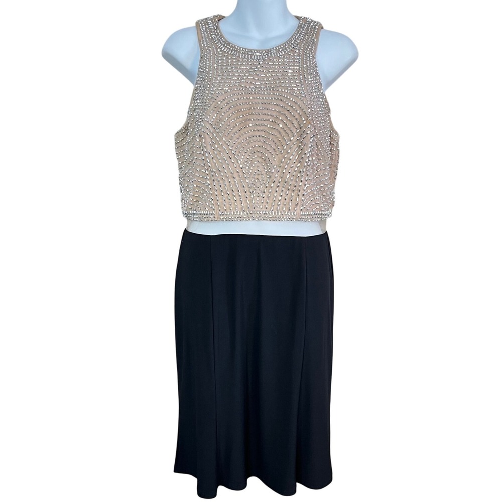 Vintage Cachet‎ Evening Gown Women 12 Tan Black Rhinestone Embellished